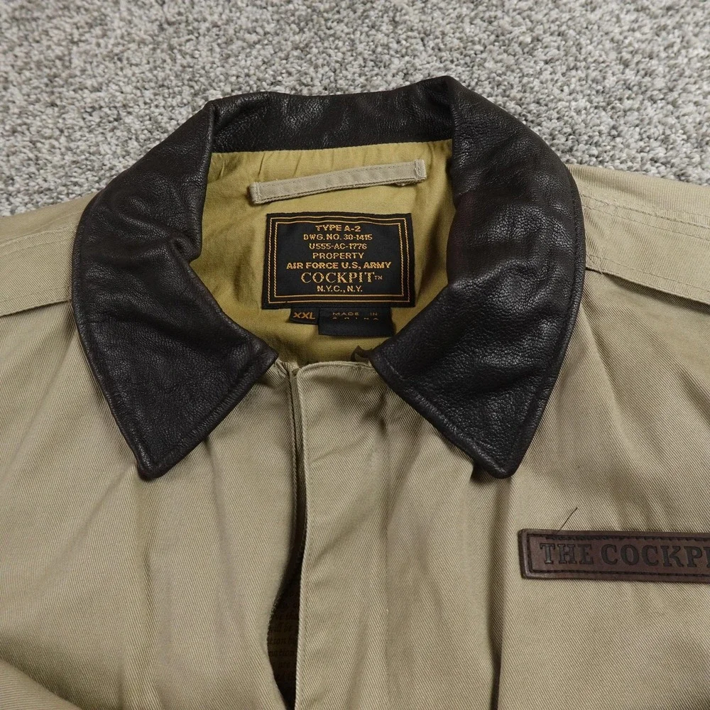 VTG Cockpit USA Army Jacket Mens 2XL Beige Tan A2 Bomber Coat Military Air Force